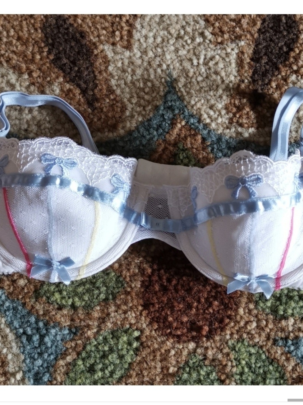 sophie b. White Lace Underwire Bra with Blue Ribbon and Pastel Stripes